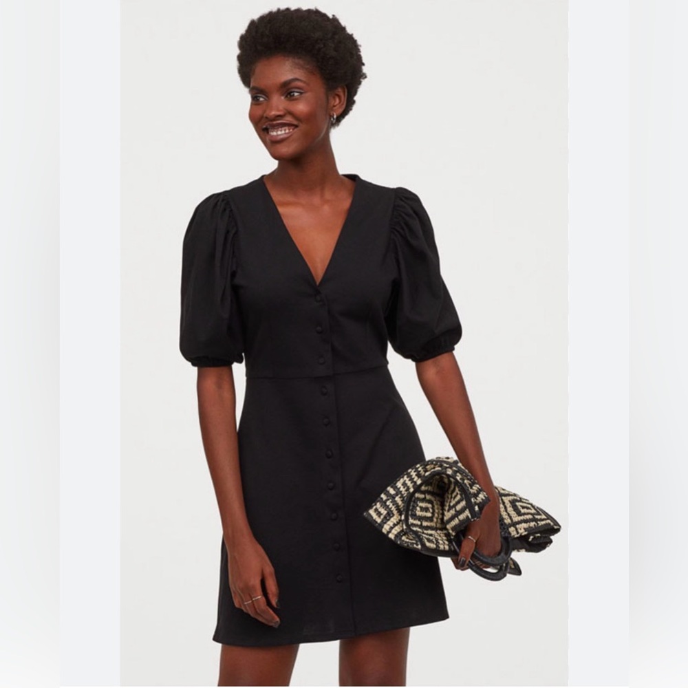 Retro Cotton Pinup Inspired Black Puff Sleeve Mini Dress Sz Large!